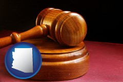arizona map icon and an arbitrator's wooden gavel
