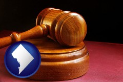 washington-dc map icon and an arbitrator's wooden gavel