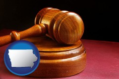 iowa map icon and an arbitrator's wooden gavel
