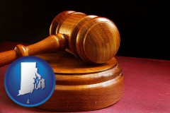 rhode-island map icon and an arbitrator's wooden gavel