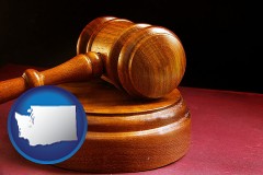 washington map icon and an arbitrator's wooden gavel